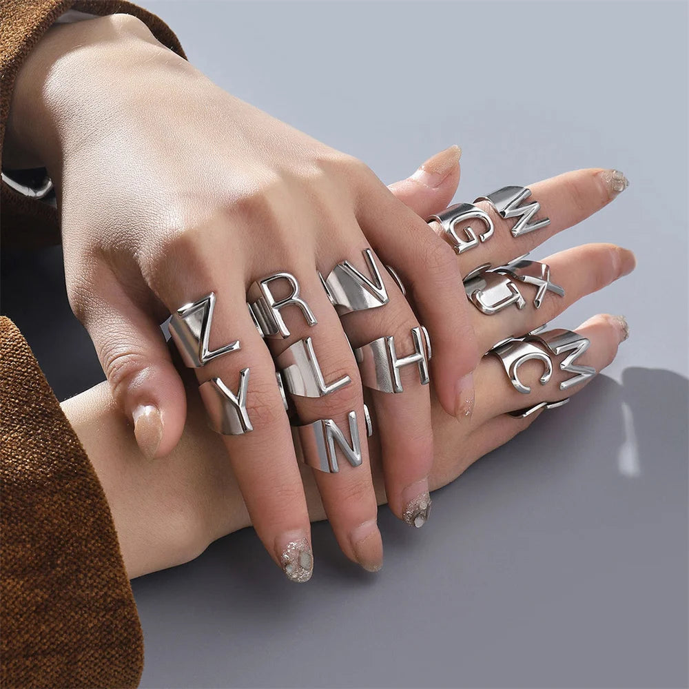 A-Z Letter Initial Name Ring Silver Color Stainless Steel Adjustable Opening 26 Alphabet Rings for Men Women Party Jewelry Gift