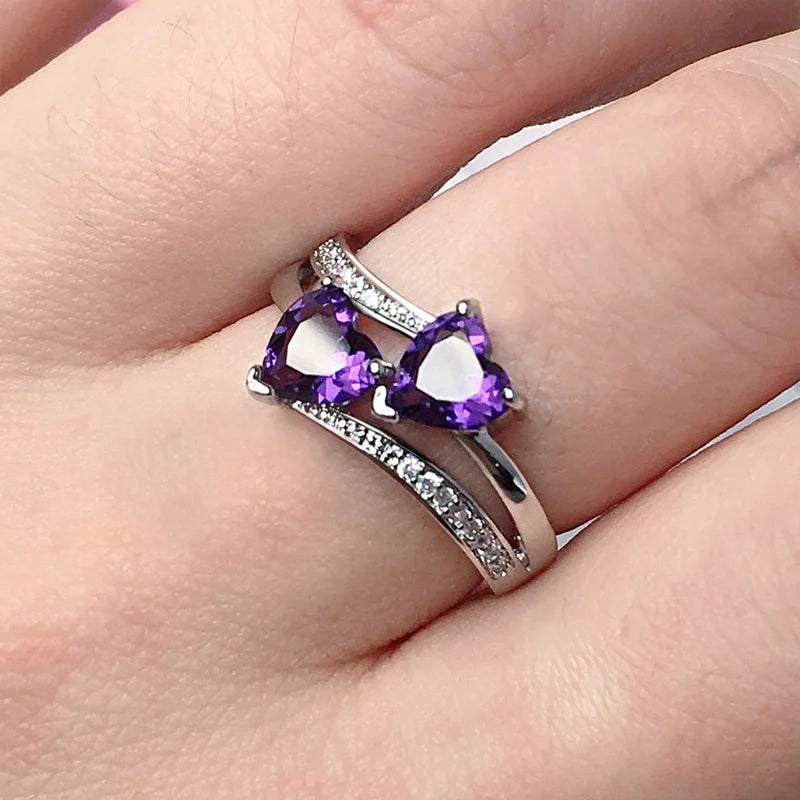 Huitan Stylish Female Rings Silver-plated Double Heart-Shaped Cubic Zircons Wedding Ring For Women Girls Nice Gift For Birthday