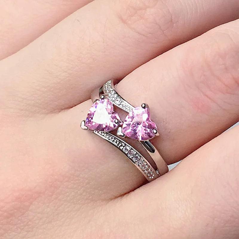 Huitan Stylish Female Rings Silver-plated Double Heart-Shaped Cubic Zircons Wedding Ring For Women Girls Nice Gift For Birthday