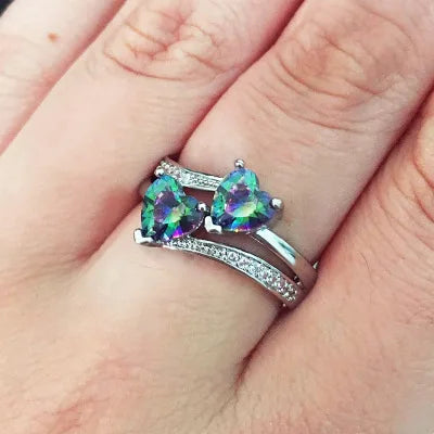 Huitan Stylish Female Rings Silver-plated Double Heart-Shaped Cubic Zircons Wedding Ring For Women Girls Nice Gift For Birthday