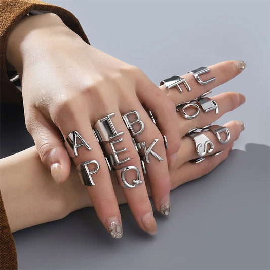 A-Z Letter Initial Name Ring Silver Color Stainless Steel Adjustable Opening 26 Alphabet Rings for Men Women Party Jewelry Gift